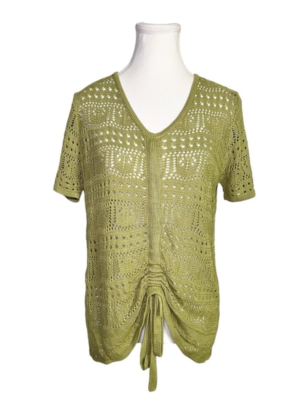 Y2K Aesthetic Boho-Chic Green Open Knit V-Neck Cinch Tie Front Top